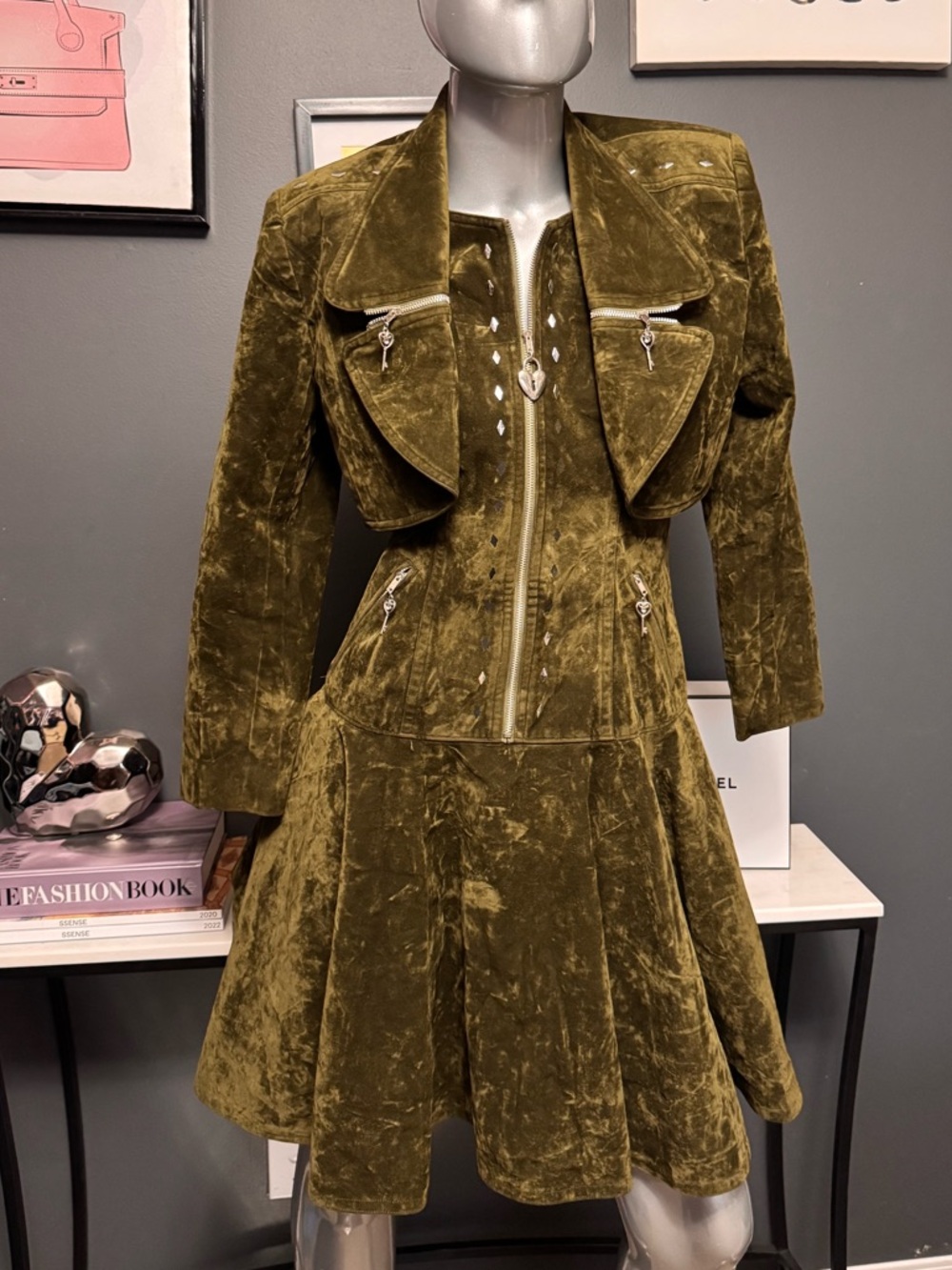 Green Velvet Goth Grunge Dress + Jacket Set - Picture 7 of 14